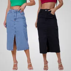Kit 2 Saias Longa Cintura Alta Mid Cargo Bolsos Jeans Moda Feminina Abertura Lateral