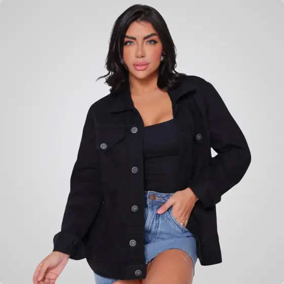 Jaqueta Feminina Jeans Longa Algodão Max Jaqueta Over Com Bolsos Moda Casual