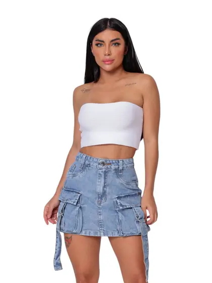 Mini Saia Cargo Jeans Bolso Frontal Cinto Moda Feminina