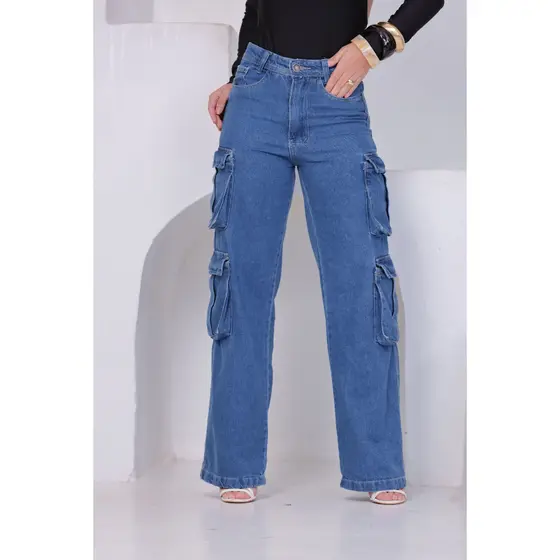 Calça Wide Leg 4 Bolsos Cargo Jeans