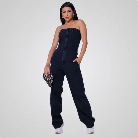 Macacão Longo Jardineiro Premium Calça Jeans Tomara Que Caia Moda Feminina com Elastano