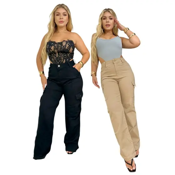 Kit 2 Calça Wide Leg Cargo Jeans Moda Feminina