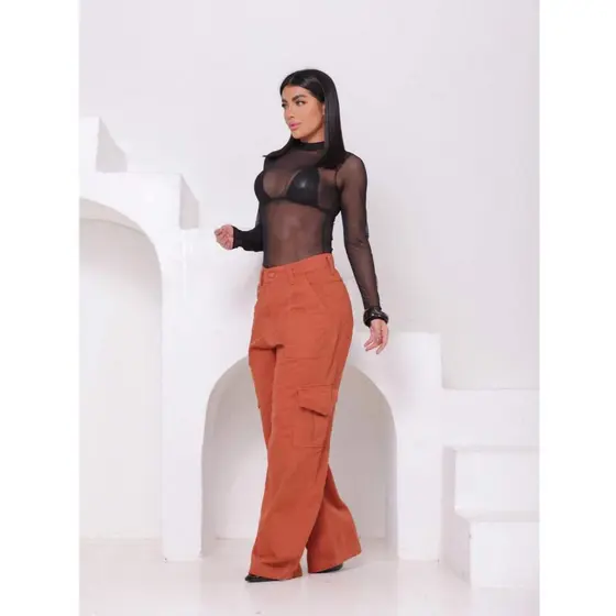 Calça Wide Leg Cargo Jeans Bolsos Laterais Funcional Cores Moda Feminina Cintura Alta Premium