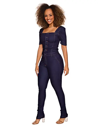 Macacão Jeans Manga Elastano Moda Feminina
