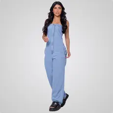 Macacão Jeans Feminino Tomara Que Caia com Bolsos 98% Algodão 2% Elastano Moda Casual
