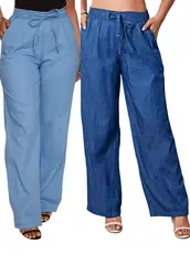 Kit 2 Calças Pantalona Wide Leg Feminina Tecido Leve Cintura Elástica Cordão Moda Casual