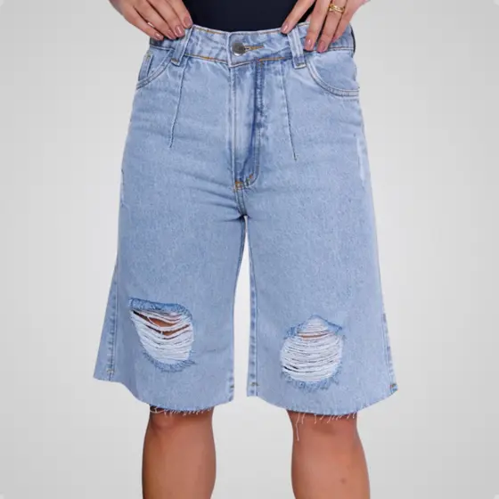 Jorts Bermuda Jeans Puido Moda Feminina