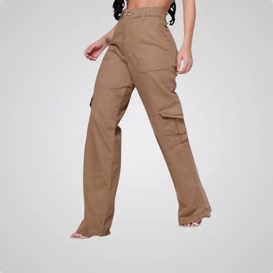 Calça Wide Leg Cargo Jeans Bolsos Moda Feminina