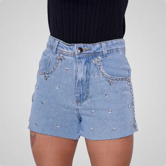 Short Jeans Brilho Strass Lateral Pedraria Moda Feminina