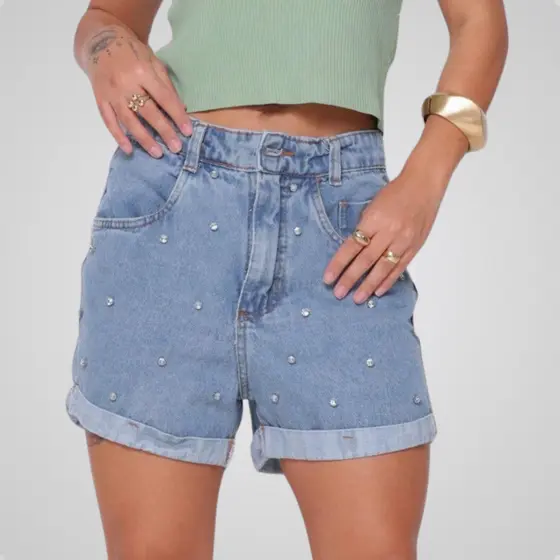 Short Jeans Feminino Brilho Strass Ponto De Luz Cintura Alta Moda Festa Balada Casual Estiloso