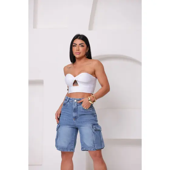 Bermuda Jorts Short Jeans Cargo Bolso Fole Funcional Feminina Moda Verão Blogueira Casual