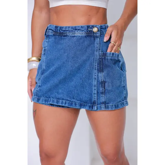 Shorts Saia Jeans Transpassado Feminino Curto Com Short Interno Moda Casual Verão Blogueirinha