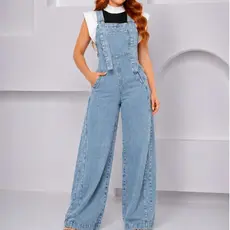 Macacão Jardineira Jeans Wide Leg Feminino Com Bolsos Frontais E Alcas Ajustaveis Moda Casual