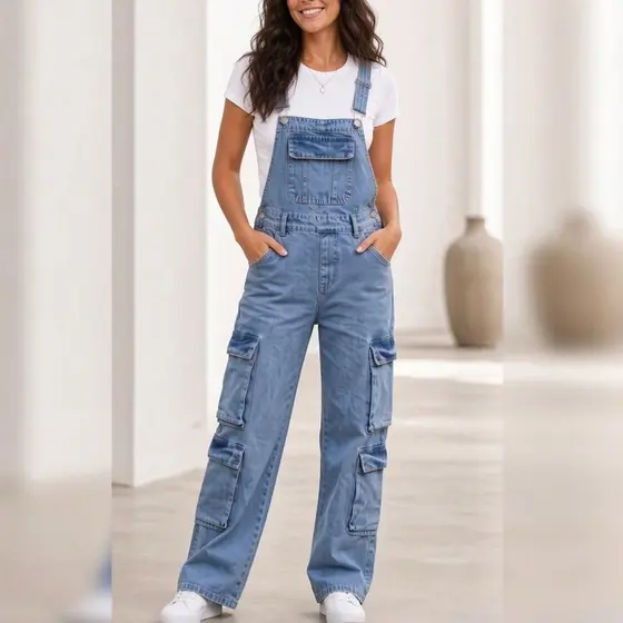 Jardineira Jeans Feminina Wide Leg Cargo com 4 Bolsos Laterais Alças Macacão Longo Casual Azul