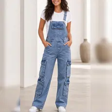 Jardineira Jeans Feminina Wide Leg Cargo com 4 Bolsos Laterais Alças Macacão Longo Casual Azul