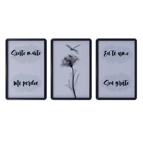 Kit 3 Quadros Decorativos com moldura Tema Sinto muito Me perdoe Eu te amo e Sou Grato