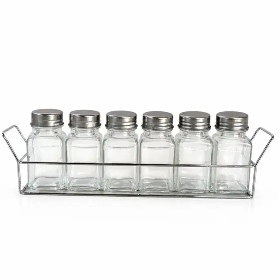 Porta Tempero De Vidro C/6 Peças 90ML + Suporte Aramado Inox Tampa De Metal