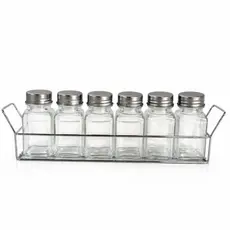 Porta Tempero De Vidro C/6 Peças 90ML + Suporte Aramado Inox Tampa De Metal