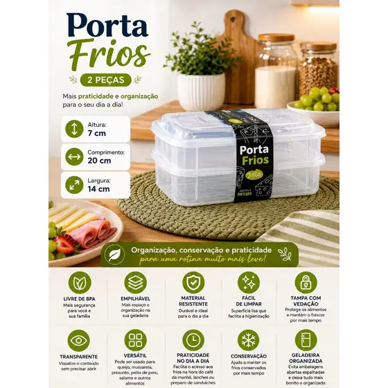Porta Frios Hermético Duplo 900ml Tampa Acrílico Geladeira Queijo Presunto-Kit C/2 Peças