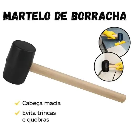 Martelo De Borracha Preta 40MM 200g Cabo Madeira