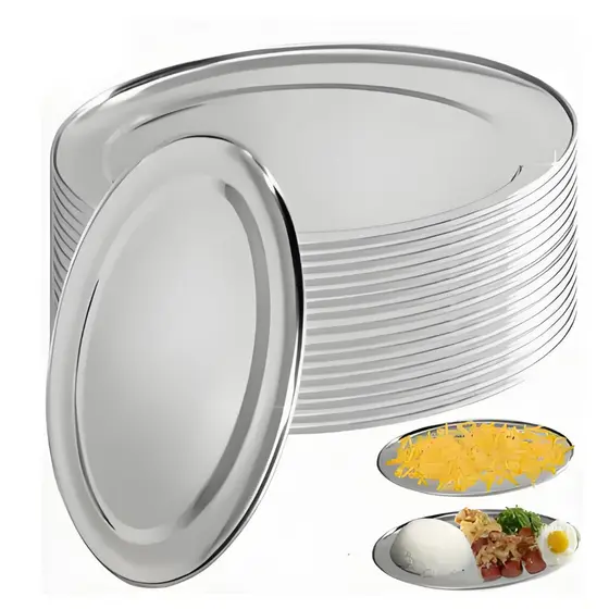 Kit 10 Ou 15 Pcs Travessas Bandeja Aço Inox Para Servir Porção Oval Batata Restaurante Bar 24CM