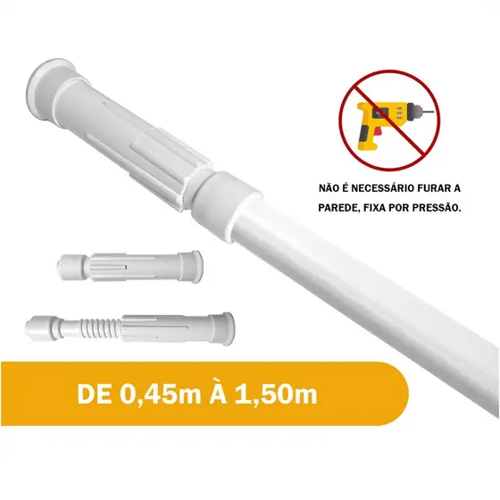 Varão Extensivo Ajustável 0,45m à 1,50m Cortina Box Banheiro Cozinha Suporte S/ Furo Branco Preto