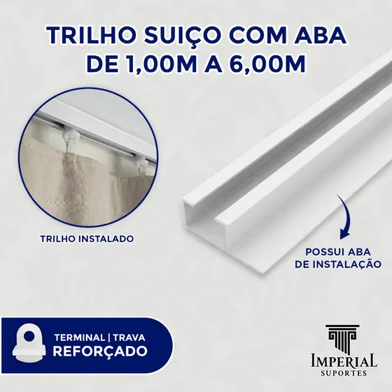 Trilho Suíço com Aba Simples Max para Cortineiro Branco Cortinas Wave Várias Medidas