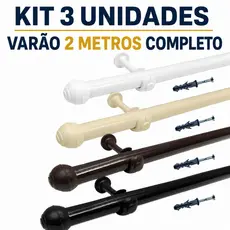 Kit 3 Varões de Cortina 2,00 Metros Completo Resistente 19mm Varão com Ponteira Suporte Varao Haste