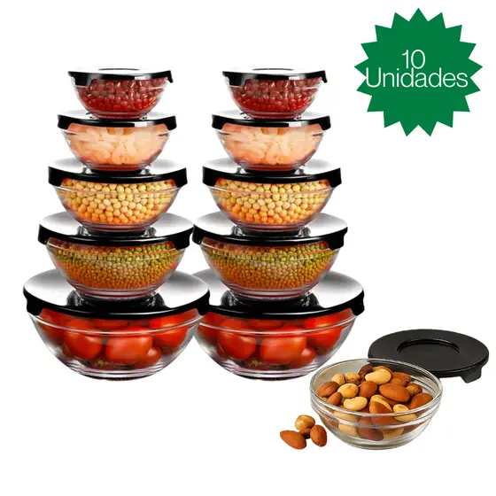 Conjunto 5 ou 10 Tigela Vidro Bowl Marmita Tampa Cozinha Geladeira