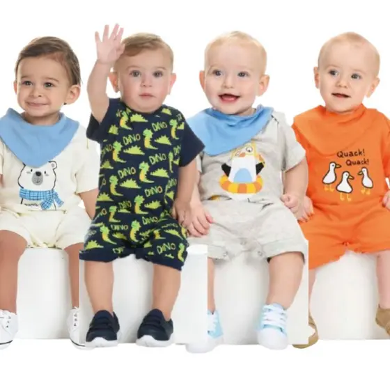Kit Macacão Curto Bebê Menino 3 Peças Banho de Sol Conjunto Calor Romper Macaquinho Mesversário Verão