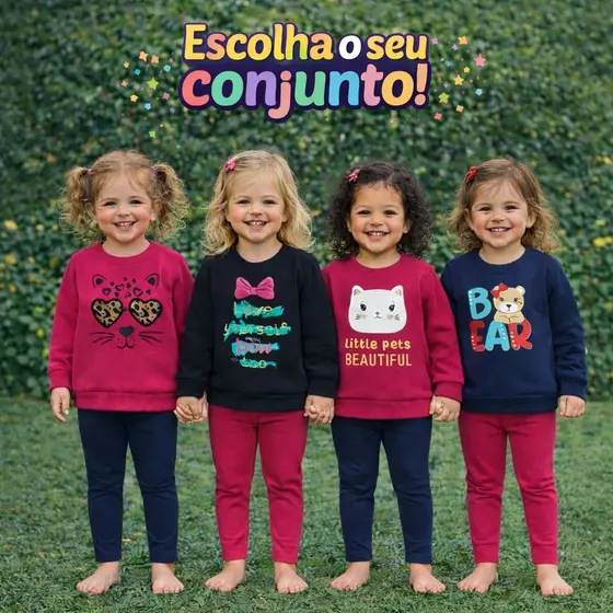 Conjunto Moletom Infantil Menina Criança Agasalho Bebê Feminino Roupa de Frio Moleton Inverno100% Algodão Capuz Zíper