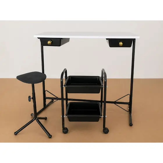 Kit Manicure Profissional Completo – Mesa com 2 Gavetas + Carrinho Organizador + Apoio de Pé
