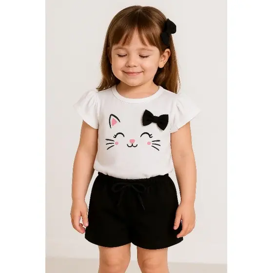 Conjunto Infantil Luxo Gatinha Laço 3D Rosa Pink – Manga Princesa