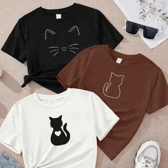 Camiseta Feminina kit de 3 camisetas KIT DE GATINHOS estampa DTF 100% Algodão