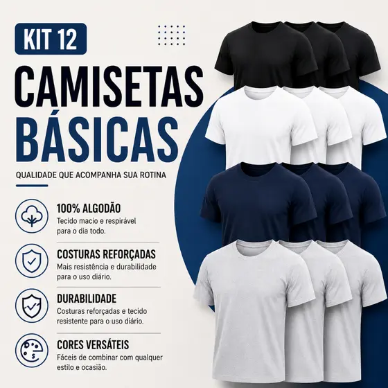 Kit 12 Camisetas Unissex Lisa Premium 100% Algodão Moda Urbana