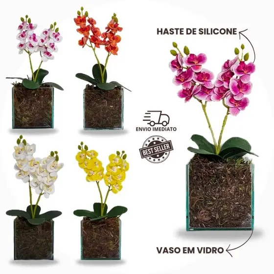 Vaso com orquídea silicone arranjo de vidro completo