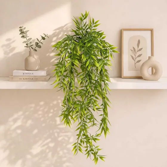 Planta Pendente Artificial Bambu com Vaso Espelhado para Decoração de Sala Banheiro e Escritório