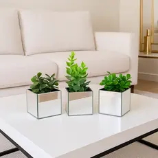 Kit 3 vasinhos espelhados com plantinhas artificiais folhagem decorativa luxo