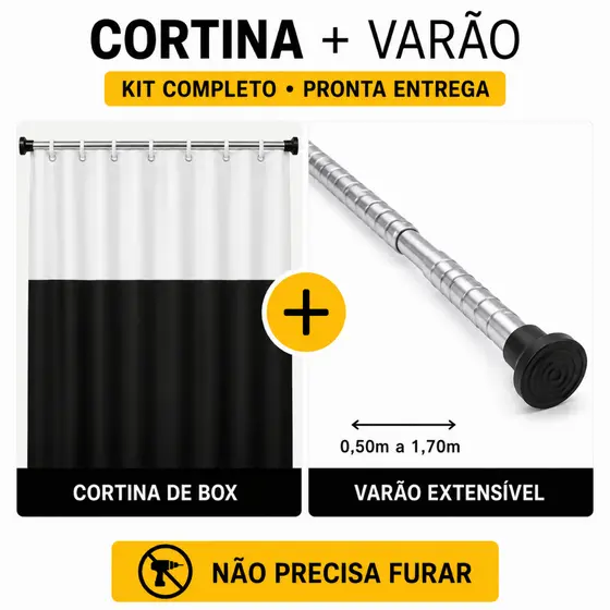 Cortina Box Banheiro PVC Antimofo Impermeável + Varão Extensível Sem Furo 50 a 175cm Suporte Pressão Várias Cores