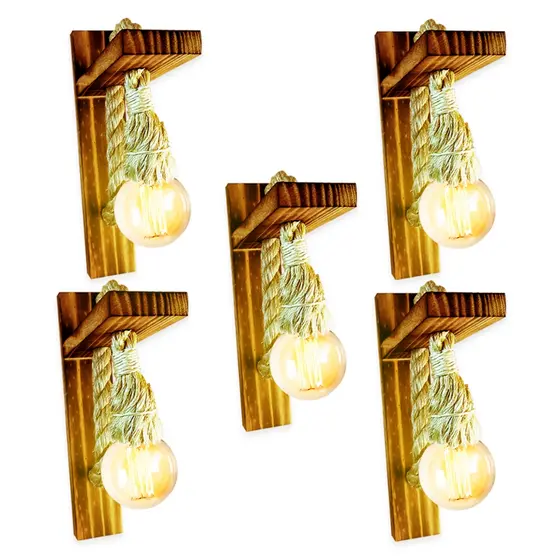 Kit 5 Arandela Luminária Parede Madeira Retrô Rústica Sisal