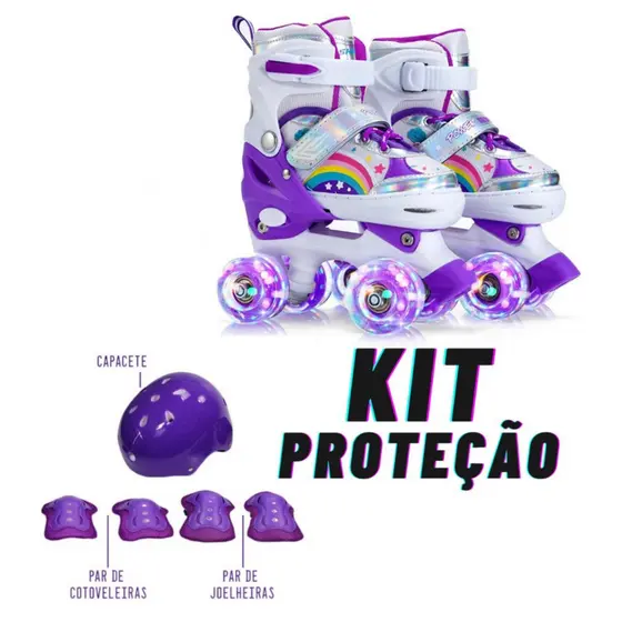 Patins infantil Quad arco iris  led roxo menina menino tamanho ajustavel + kit proteçao