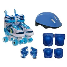 Patins infantil Quad arco iris  led azul menina menino tamanho ajustavel + kit proteçao