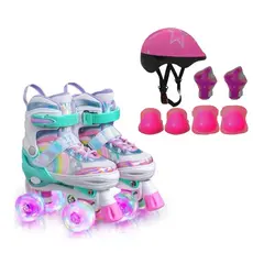 Patins Infantil Arco Íris Quad verde e branco Com Ajuste De Tamanho Rodas Com Led  Kit Proteção Segurança