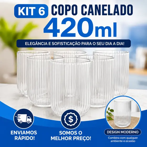 Jogo De Copos De Vidro Canelado Com 6 unidades Transparente Grosso Suco Agua Vitamina 420 ml