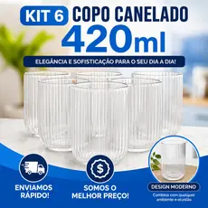 Jogo De Copos De Vidro Canelado Com 6 unidades Transparente Grosso Suco Agua Vitamina 420 ml