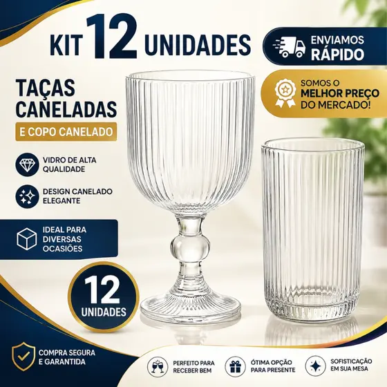 Jogo De Copos De Vidro Taças Canelado Com 6/12 unidades Transparente Grosso Suco Agua 360ml/420ml