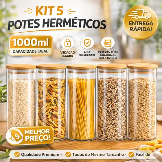 Kit 2/3/5 Potes Vidro Hermético 1000ml Tampa Bambu Premium Mantimento Organização Top Max