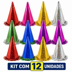 Kit com 12 Chapéu De Cone Holográfico Grande Cores Sortidas