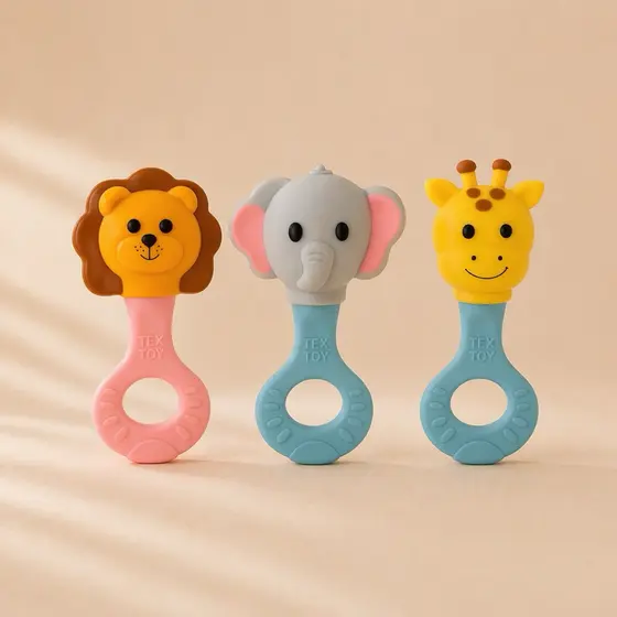 Mordedor Bebê Chocalho Safari Látex Natural Atóxico INMETRO Tex Toy BPA Free
