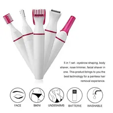 Aparador Depilador Feminino 5 em 1 Recarregável USB Sobrancelha Rosto Nariz Região Íntima Removedor de Pelos Portátil